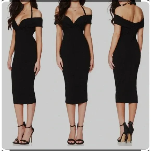 NWT Nookie Athena Halter Midi Dress Women's (S) Black Off the Shoulder--$229